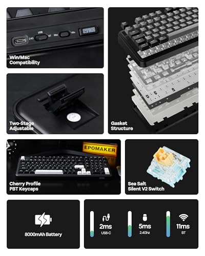 Image of EPOMAKER TH99 Tri-Mode Wireless Mechanical Keyboard with 8000mAh Battery, Hot Swappable Custom RGB Gaming Keyboard with Numpad, Gasket Creamy for PC /Mac /Office (Black, Sea Salt Silent)