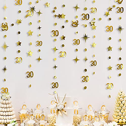 Image of Gold 30th Birthday Decorations Number 30 Circle Dot Twinkle Star Garland Metallic Hanging Streamer Bunting Banner Backdrop for Her Happy Dirty 30 Year Old Birthday Thirty Anniversary Party Supplies