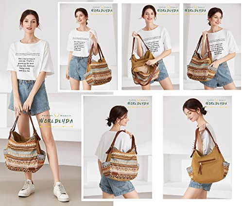 Image of Worldlyda Women Canvas Hobo Purse Multi Pocket Tote Shopper Shoulder Bag Casual Top Handle handbag with Embroidery Ethnic
