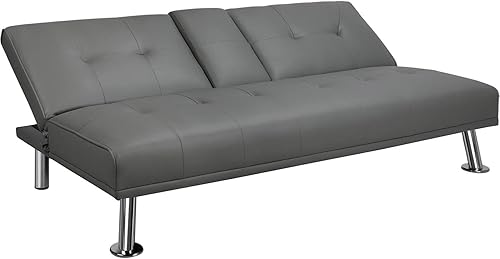YAHEETECH - Sofá cama tipo futón de cuero sintético, 2 puestos, sofá con espaldar reclinable y portavasos, cama para invitados