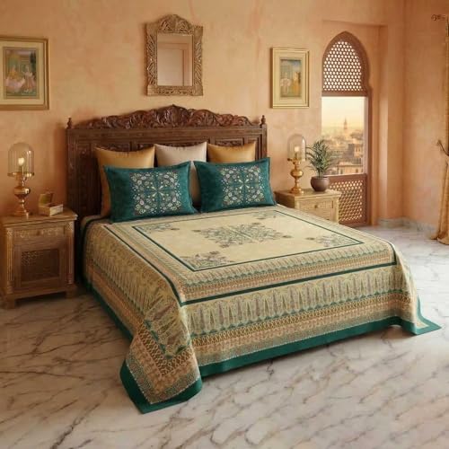 Image of SANMARINO Heritage Collection 280 TC Cotton Double Bedsheet with 2 Pillow Covers (90 x 100 Inches Bedsheet, 20 x 30 Inches Pillow Covers), Soft Breathable Flat Bed Sheet for King Bed-Emerald Green