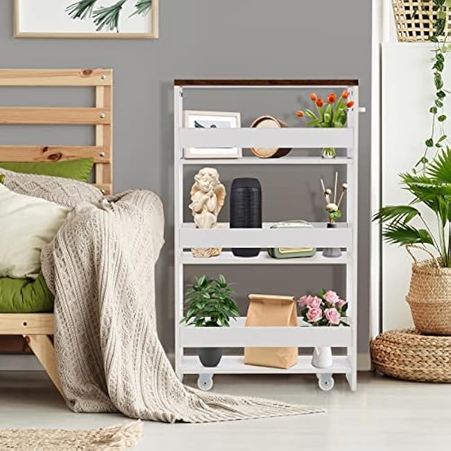 4 Tier Slim Storage Cart, Mobile Shelving Unit Organizer with Wheels & Handle, Rolling Utility Cart for Kitchen Bathroom Laundry Narrow Places, Space Saving, White-YB6INs3r