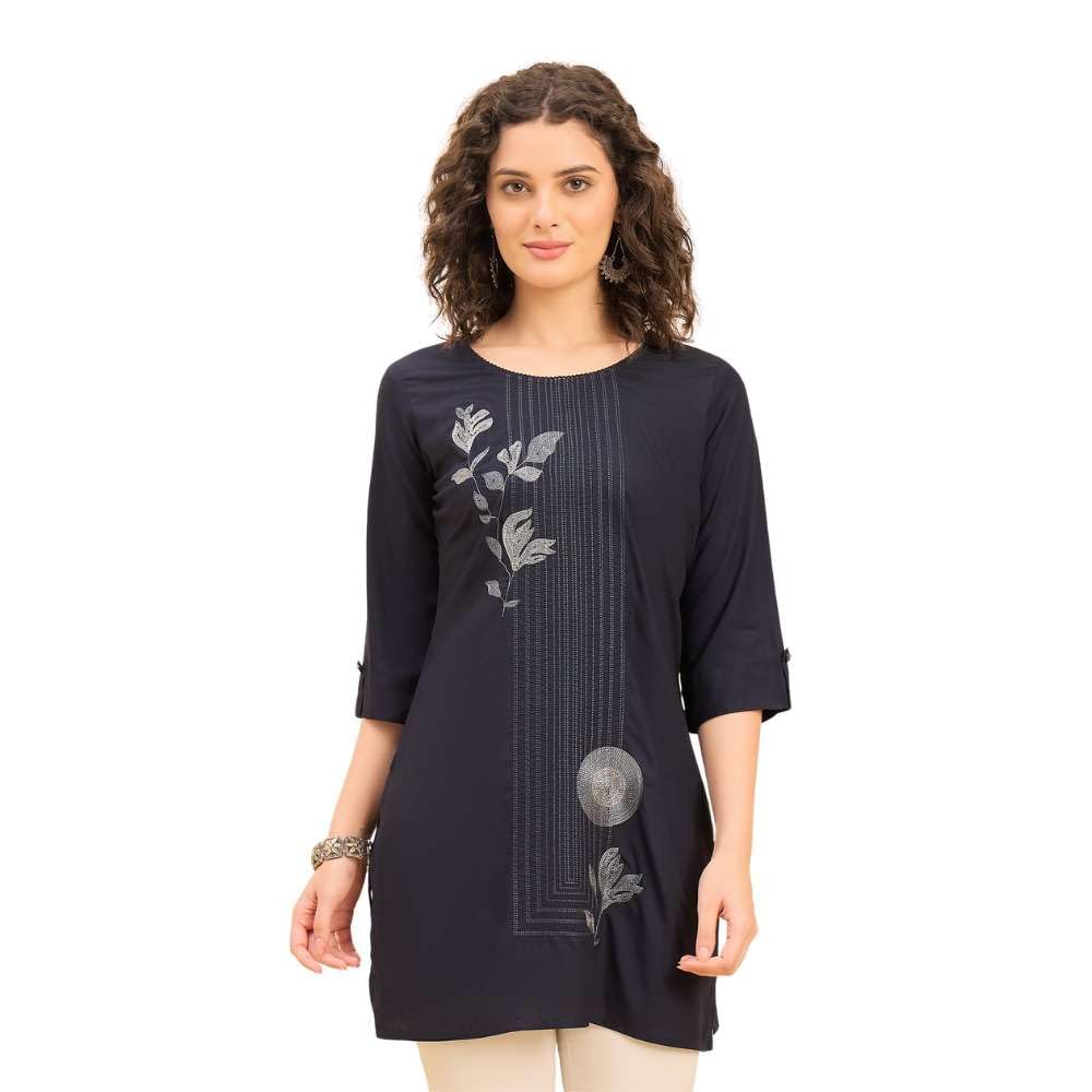 Women’s Short Kurti | Indian Kurtis for Women, Liva Modal Tunic Top with Silver Floral Embroidery