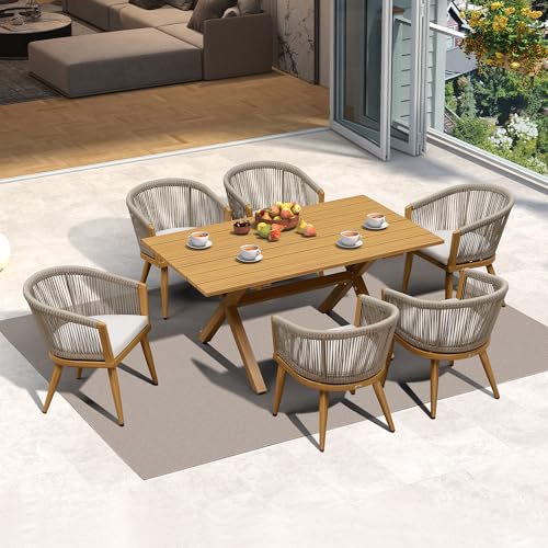 Image of PURPLE LEAF Outdoor Dining Set for 6 with Cushions PE Rattan Teak