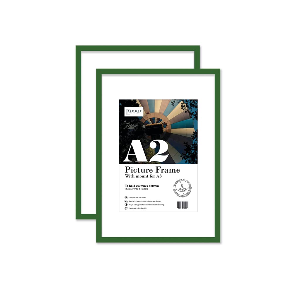 Almost Frameless Green A2 Picture Frame Set Of 2, Display A3 Pictures With Mount Or A5 Without Mount Gallery Wall, Poster, Photo, Artwork, Or Print,