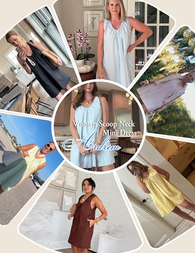 Image of Women Summer Sleeveless Babydoll Mini Dress Scoop Neck Loose Fit Tank Dresses Party Ruched Short Dress with Pockets