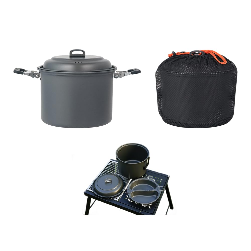 Składany zestaw garnków do gotowania na parze 6,5 l, na kemping i piknik, twarde anodowane aluminium + stal nierdzewna, lekki 882 g, kompatybilny z większością pieców kempingowych