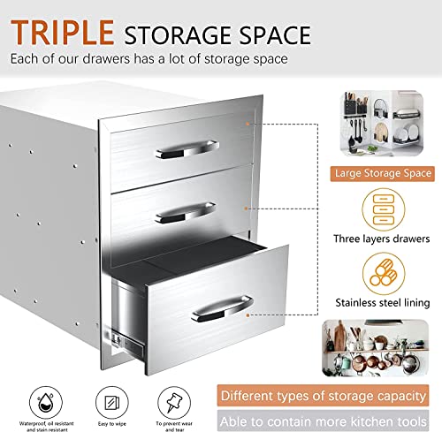 Image of 14''W x 21''H x 23''D Outdoor Kitchen Triple Access Drawers Stainless Steel, Flush Mount BBQ with Handles BBQ Island for Outdoor Kitchens or Patio Grill Station