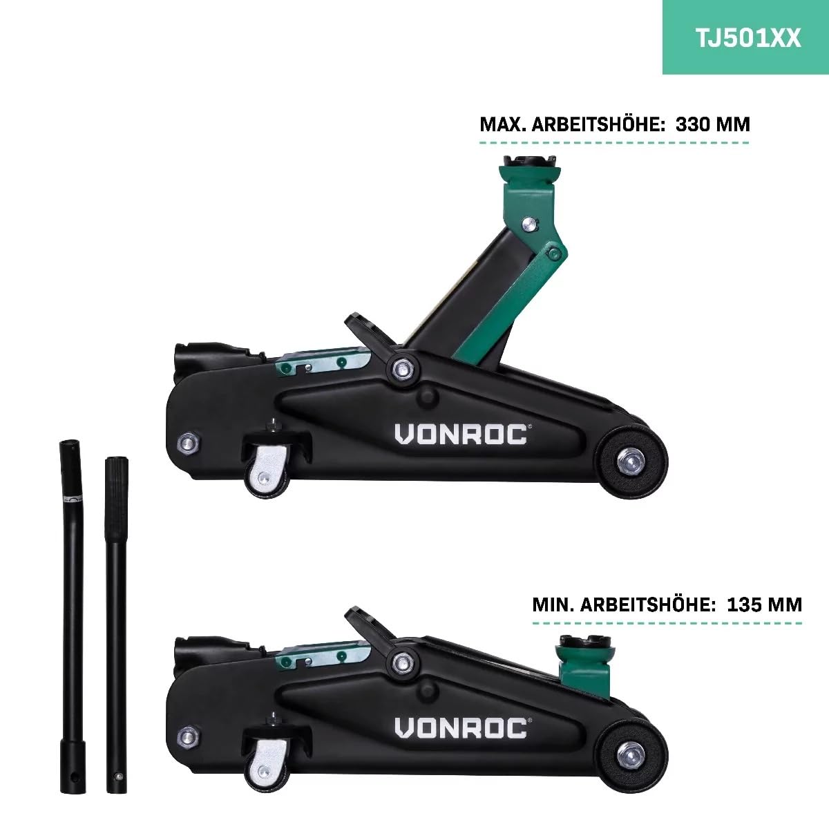 VONROC Wagenheber hydraulisch 2T - Rangierwagenheber flach für Auto |bis 2 Tonnen - Ideal für Reifenwechsel oder Bastler - Höhe [bis 33cm] und inklusive Langer Hubgriff