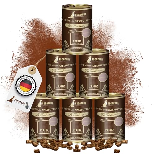 Escapure Adult Nassfutter Pferd 6 x 400g Dose - 91% Pferdefleisch Hundefutter - Dosenfutter Horse ohne Zusatzstoffe - Alleinfuttermittel für ausgewachsene Hunde frei von Getreide