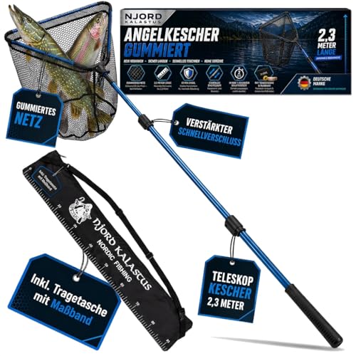 Angelkescher Gummiert Teleskop 230cm Klappbar mit Tragetasche und Maßband | Extra stabile Easy Clip Verbindungen | Teleskop Kescher Angeln Gummiert für alle Fischarten Kescher Gummiert ausziehbar