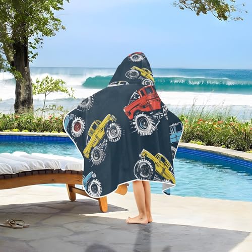 Image of Colorful Monster Trucks Style Hooded Beach Towel for Kids, Kids Bath Hooded Towels for Boys Girls, Super Soft Absorbent Bathrobe with Hood for Swin Pool 50 inchx23.5 inch