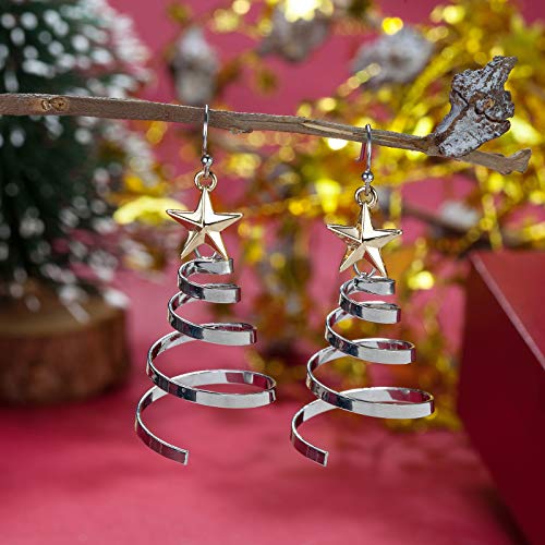 Handmade Christmas Tree Dangle Hoop Earrings Golden Silver Two Tone Women Holiday Gift, Thanksgiving Themed Earrings, Christmas Party Gift3