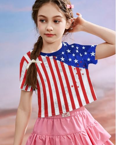Image of DDSOL Girls July 4th Crop Tops Patriotic Shirt American Flag Short Sleeve Tshirts for Girl 6-14 Years