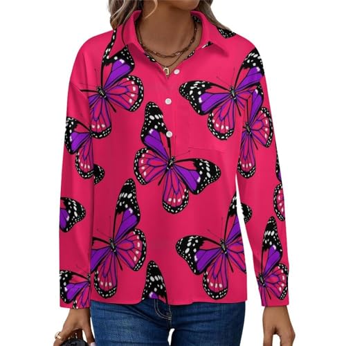MZERSE Womens Business Casual Polo Shirts Purple Black Butterfly Boho,