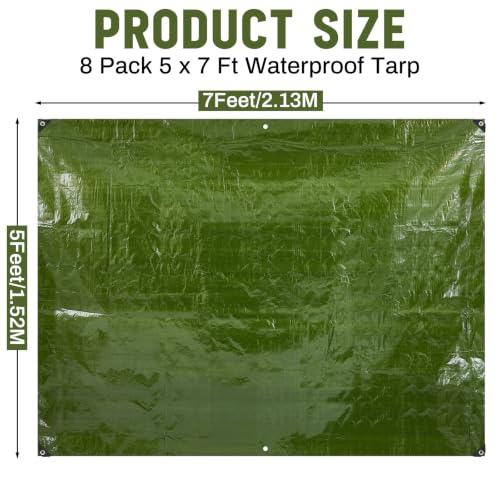Image of 8 Pack 5 x 7 ft 5.5 Mil Tarps Heavy Duty Waterproof Tarp Multi Purpose Tent Cover for Home Boats Cars Camping Patio Furniture Roof Emergency Rain Protective Cover, Army Green