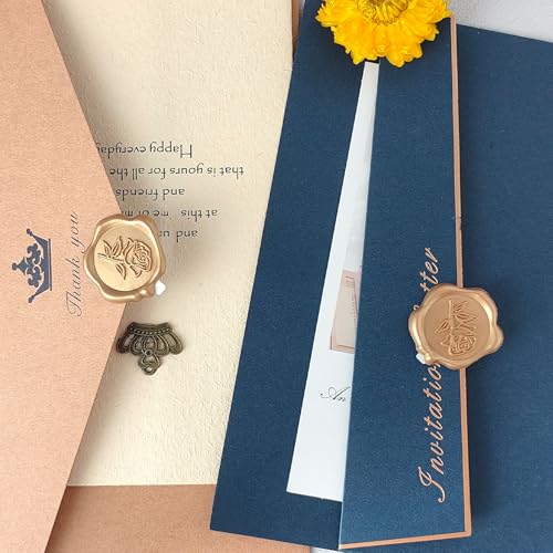 Wax Seal Stickers - 3D Rose Wedding Invitation Envelope Botanical Seal Stickers, 50 Pcs Self- Adhesive Light Gold Stickers, Perfect for Invitation, Christmas, Gift Wrapping, Wedding, Party