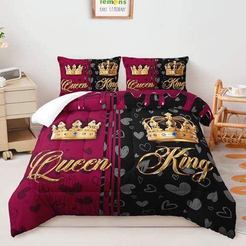 Image of AILONEN Queen & King Bedding Set Full Size for Men Women Couples,Luxury Crown Comforter with 2 Pillowcases,3-Piece Black & Red Hearts Quilt Set for Bedroom Decor
