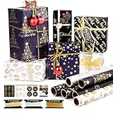 6 Rollen Geschenkpapier Weihnachten, GuKKK 43 x 300cm Schwarz Weiß Geschenkpapierrolle, Weihnachtsgeschenkpapierrolle mit Aufklebern und Schleifenband, Weihnachtspapier Set für Geschenkverpackung (A)
