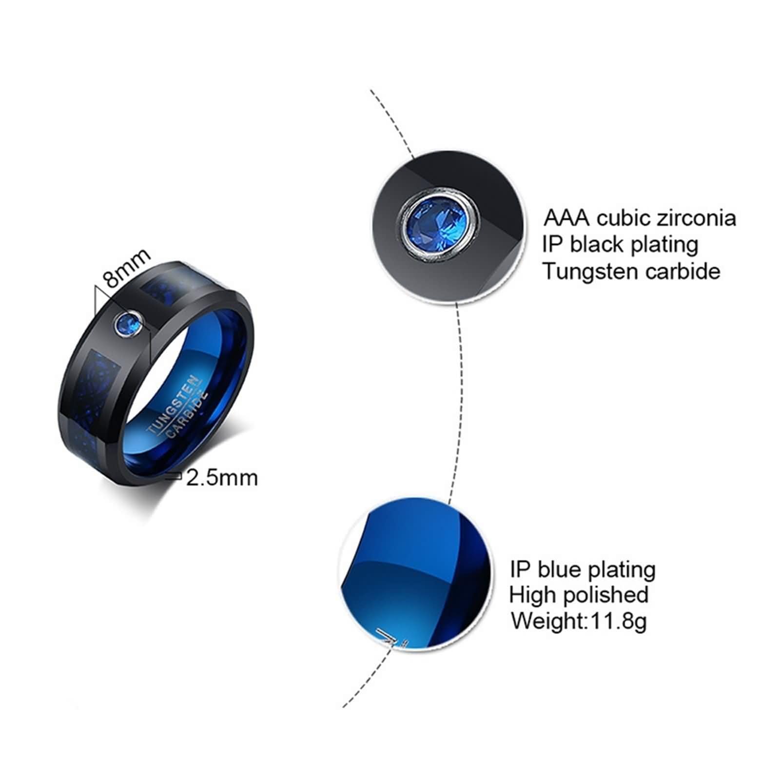 Daesar Bague de Fiancaille Couple, Anneau Femme et Homme Tungstène Ronde Fibre de Carbone Polie 8MM avec Zirconium Bague Mariage Noir Bleu