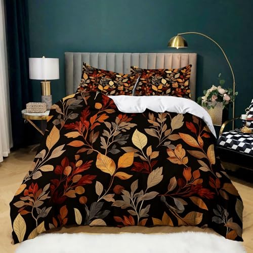 Parure de lit feuilles branches d'automne marron housse de couette 180x200 cm microfibre - 2