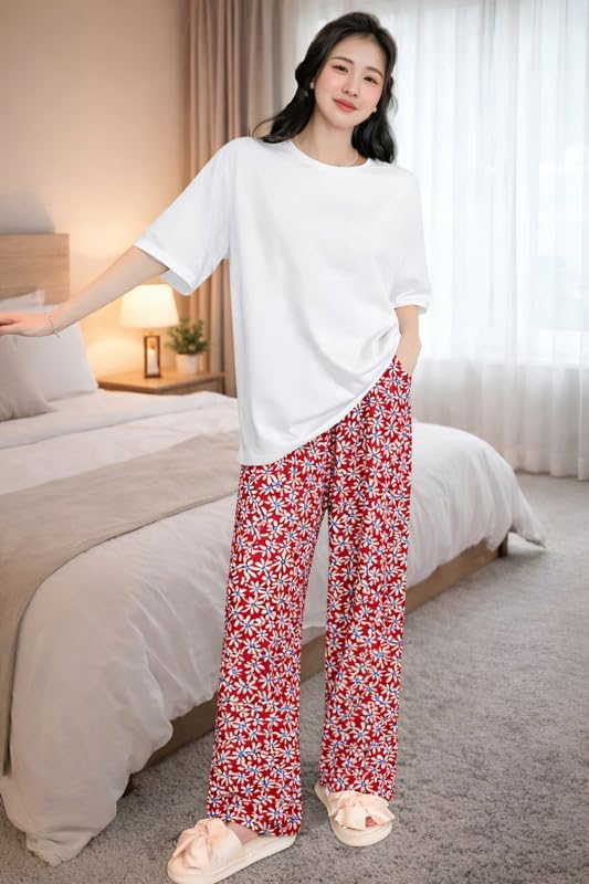 Image of KSHS Printed Round Neck Short Sleeve Nightsuit Set | Pajama Set | Casual Night Dress for Women