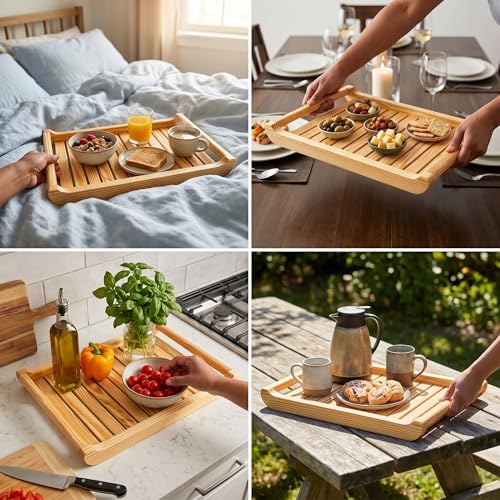 Image of Natural Pine Wood Serving Tray with Handles 12 x 18 x 2.25 Inches Natural Wax Polished Wooden Tray Strong, Easy to Clean Large Serving Tray (1, Large)