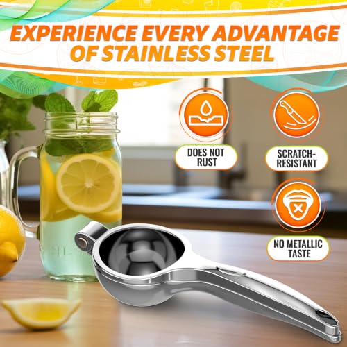 Image of Manual Stainless Steel Lemon Squeezer - Extract More Juice from Lemons, Limes & Small Citrus - Handheld Juicer with Built-In Strainer, Threaded Groove for Home, Chefs & Bartenders