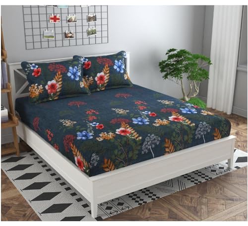 Image of Cotton Feel Glace Cotton Elastic Fitted Printed King Size Double Bed Bedsheet with 2 Pillow Cover(72 inchx78 inch,) Green Floral