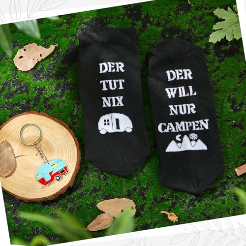 Jadive 2 Stück Camping Geschenke 1 Paar Camping Socken und 1 Wohnwagen Schlüsselanhänger Lustiges Camping Zubehör für Männer Frauen Reise Camping Liebhaber Geburtstag Geschenke(Schwarz,39-46)