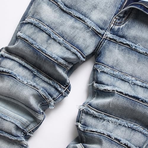 Men's Slim Fit Stretch Destroyed Jeans Fashionable Skinny Ripped Trousers Distressed Raw Hem Patch Denim Pants4