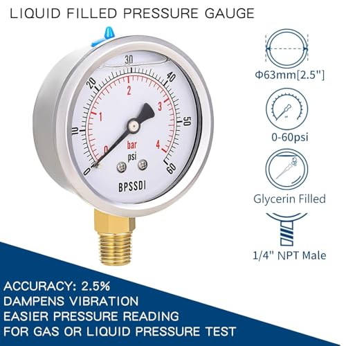 Image of 0-60 Psi Glycerin Liquid Filled Low Pressure Gauge, 2.5 inch Dial Size, 1 /4 inch NPT Lower Mount, 304 Stainless Steel Case, for Water Oil Air Pressure Test, Refrigeration Systems(Such as Evaporators)