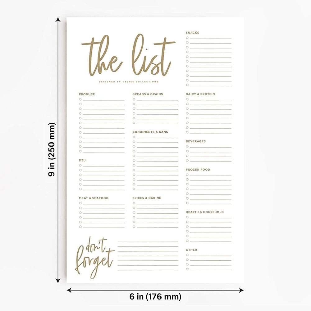 Bliss Collections Grocery List Pad for Fridge, Gold, Tear-Off Magnetic Notepad for Meal Planning, Shopping and Weekly Food Planner, 6"x9" (50 Sheets)