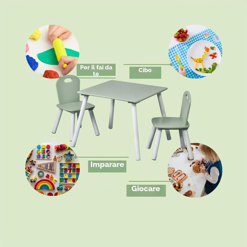 Kesper Tavolo per bambini con due sedie, legno di ingegneria, bianco, verde, 55 x 55 x 45 cm
