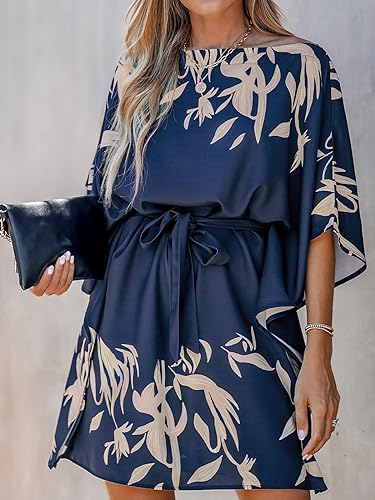 Image of CUPSHE Women's Casual Mini Dress Navy Leaf Print 3 /4 Sleeve One Shoulder A Line Short Belted Dresses