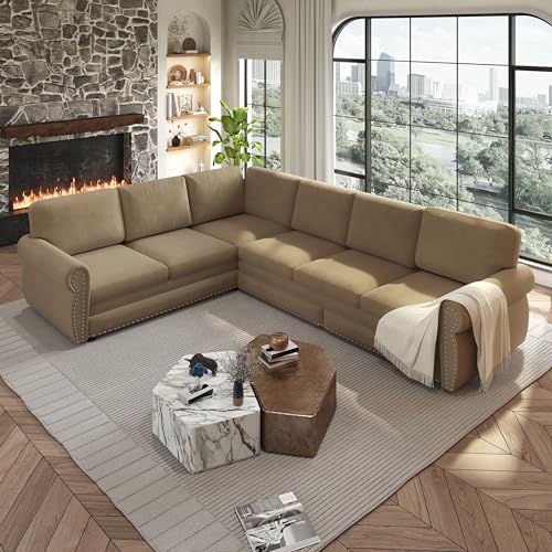 Image of KCGKCG 118 inch Sleeper Sofa Bed, Sectional Couches for Living Room /Apartment, Chenille L Shaped Couch with Pull Out Couch Bed, Convertible Sectional Sofa with Rolled Arm & Nailhead Trim, Camel