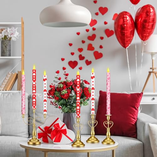 Image of Honoson 6 Pcs Valentine Day Flameless Taper Candles 10.6 Inch Heart Shaped Candles Battery Operated LED Candlesticks for Valentine Wedding Anniversary Dinner Table Home Party Decor