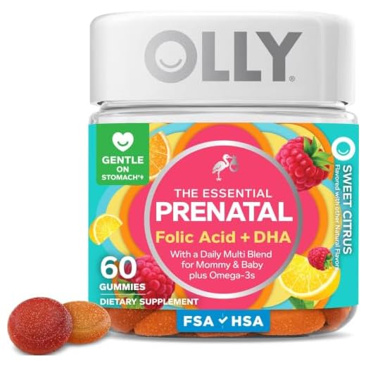 OLLY Prenatal Multivitamin Gummy, Daily Multi Blend for Mommy & Baby, Folic Acid, Omega 3 DHA, Vitamins A & D, Sweet Citrus Flavored, 30 Day Supply - 60 Count