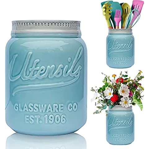 Comfify Wide Mouth Mason Jar Utensil Holder Decorative Kitchenware Organizer Crock, Chip Resistant Ceramic, Dishwasher Safe - Kitchen Caddy - Aqua Blue, Large Size 17.78cm High Cover
