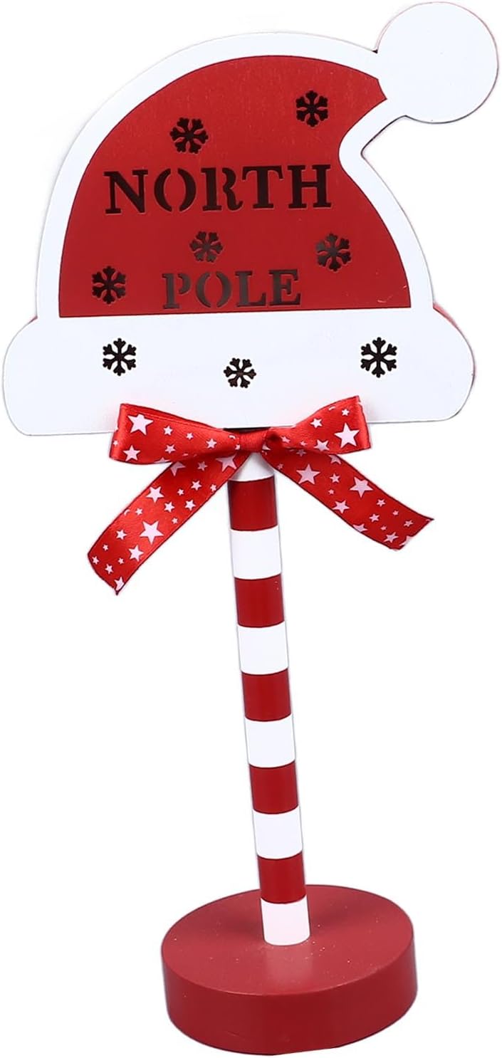 SIXRUN Wooden Christmas Stop Here Sign with LED Lights, Holiday Decor for Yard Garden Party, Rustic Outdoor Decoration (Hat 15x8.5x30.5cm)