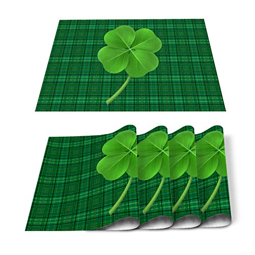 Fantasy Staring Happy St. Patrick's Day Placemats for Dining Table Set of 6 Lucky Clover Leaves Shamrock Cotton Linen Table Mats Non-Slip Washable Placemats for Holiday Parties, Wedding, Events