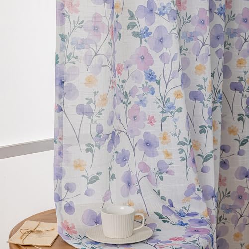 Image of SUOUO Violet Floral Semi Sheer Curtains Linen Textured for Living Room Patterned Leaves 96 inches Long Window Drapes for Dining Bedroom 2 Panels