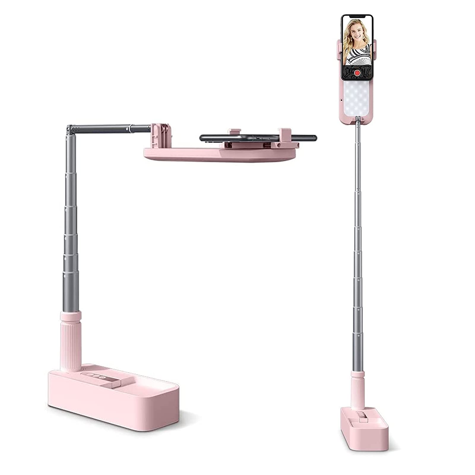 viozon Uitschuifbare selfie-standaard, 360° draaibaar met telefoonhouder, oplaadbaar, draadloos, opvouwbaar, led-lamp met 7 helderheid voor livestreaming/YouTube/Tiktok/video-opname