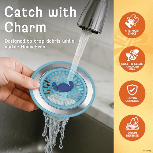 Image of Disney Stitch Sink Drain Strainer, Dish Sponge & Silicone Sink Tray Set | 3-piece set with a strainer to prevent clogs, a tray to keep things organized, and a scrubber for dishes and counters