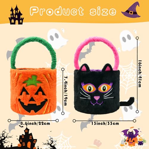 Image of Dia 7.9 inch * H 15.7 inch, Plush Halloween Baskets Trick or Treat Bags Halloween Candy Bucket, Gift Bucket for Party Favor Supplies (2Pcs-Pumpkin&Black Cat)