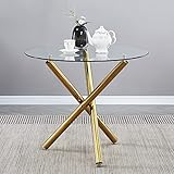 Round Glass Dining Table 35.43IN Modern Kitchen Table with Golden Legs up to 4 People