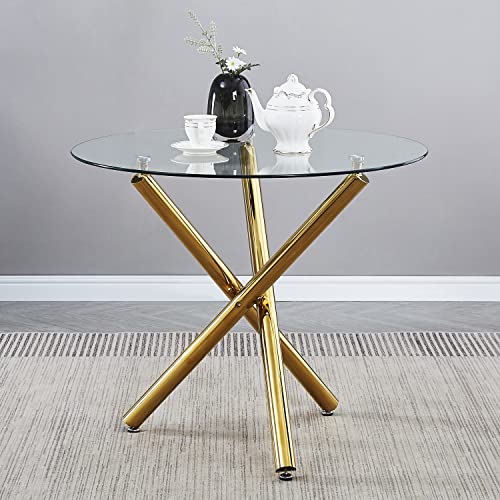 Round Glass Dining Table 35.43In Modern Kitchen Table With Golden Legs Up To 4 People #TOP5