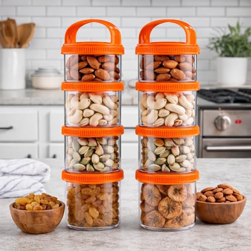 Image of GROB StackIt 4-Layer Stackable Snack Container with Handle | Airtight Food Storage Jar | Multipurpose Dry Fruit, Biscuit & Namkeen Box | BPA Free Plastic | Travel & Kitchen Storage (Pack 2)