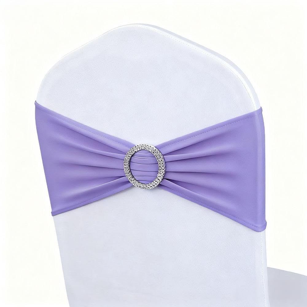 Lavender Chair Sashes 50 Pack, Spandex Chair Bands with Buckles for Wedding Party, Elastic Chairs Bows for Birthday Decoration