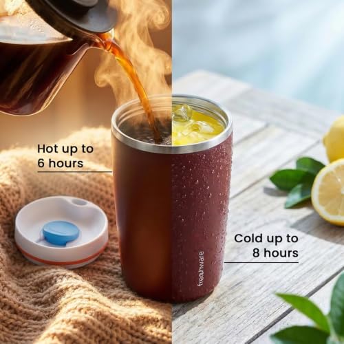 Image of Frenchware AeroMug Insulated Stainless Steel Coffee Tumbler, 450 ml | Smooth Sip Slider, Reusable, Hot & Cold Coffee Travel Mug, Dark Merlot